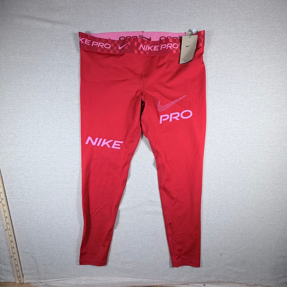 Nike Pro Womens Training Leggings XXL Red Pink Graphic Dri-FIT Tights DX0080-657